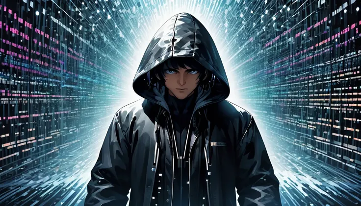 dark background, a middle-aged hacker man wearing a black hooded coat, lost in the computer world, falling into the middle of a waterfall of binary code, fusion of dreams and computer code, masterpiece, cinema lighting, modern ink, urban, aesthetic