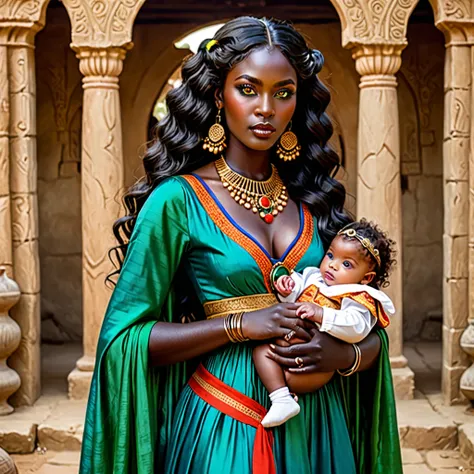 dark skin woman, with orange eyes, green and blue ancient era dress, with long wavy black hair, short black gloves on hands, a red ring on her finger, lips a little wide, golden hoops in her ears, with two babies with white skin and brown hair