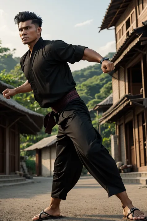 4K realistic, 30mm bokeh, motion blur, a man character with short modern quiff wavy hairstyles, dark hair, wearing a black malay ‘silat’ attire with pants and sandal, he has a lean muscle, with angry face, silat warrior pose, fighting in a village 