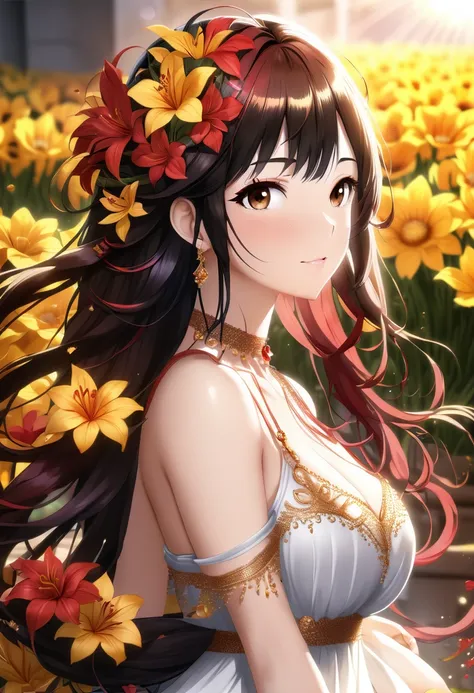 (((best quality))), ((ultra-detailed)), ((an extremely delicate and beautiful)), ((16k)), realistic, hd, cgi, gleaming hair, gleaming skin, gleaming dress, Character focus, solo, strong light coming in, sharp focus, illustration, game cg, anime, solo, curv...