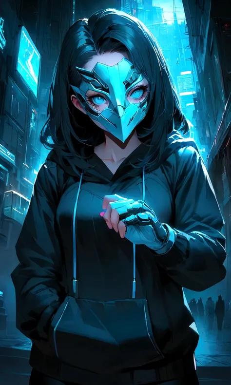 There was a girl wearing a mask and a black hoodie，With a knife in his hand, Hyper-realistic cyberpunk style，Digital cyberpunk anime style，cyan colors