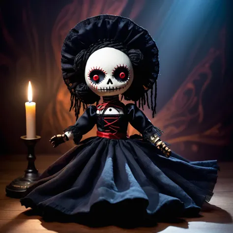 (knitted toy voodoo doll:1.7), (Voodoo Shadow Dancer:1.8), (Clothing: dark elegant attire with shadowy patterns:1.0), (Accessories: shadowy veil, mystical fan, ethereal anklet:1.2), (Background: moonlit stage with swirling shadows and ghostly audience:1.2)...