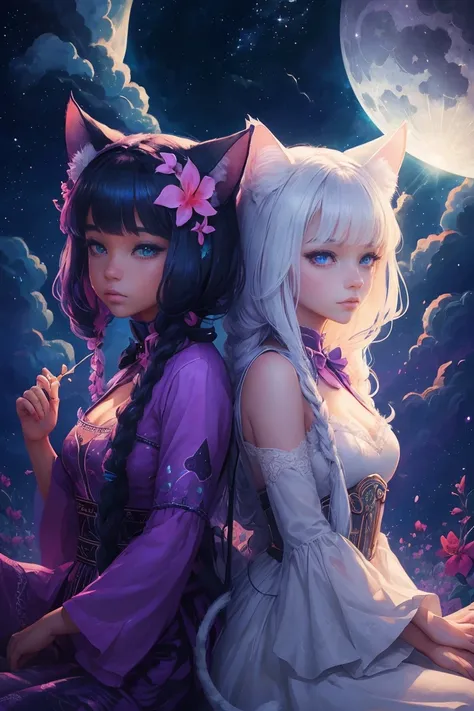 two cats in the moonlight with stars and clouds, jen bartel, by Kubisi art, 🌺 cgsociety, by Ryan Yee, night starry sky full of cats, beeple and jeremiah ketner, by Eizan Kikukawa, cats cat dreamcats, very very beautiful furry art, cat cat dreamcats, by Kun...