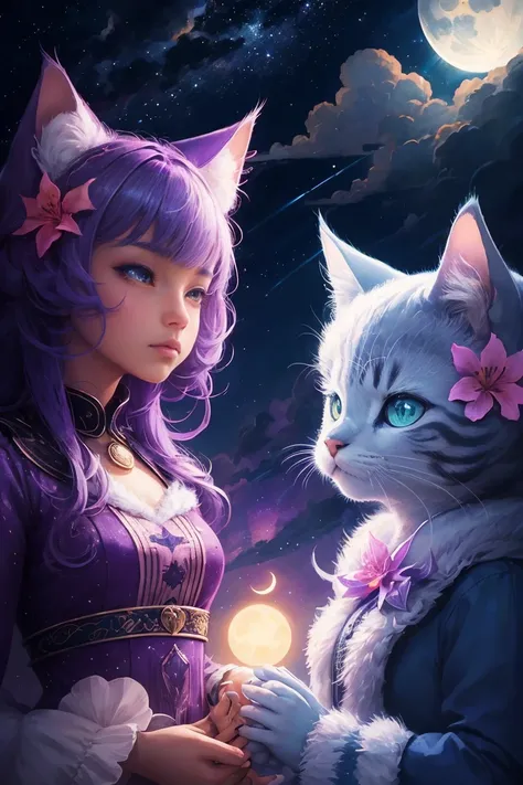 two cats in the moonlight with stars and clouds, jen bartel, by Kubisi art, 🌺 cgsociety, by Ryan Yee, night starry sky full of cats, beeple and jeremiah ketner, by Eizan Kikukawa, cats cat dreamcats, very very beautiful furry art, cat cat dreamcats, by Kun...