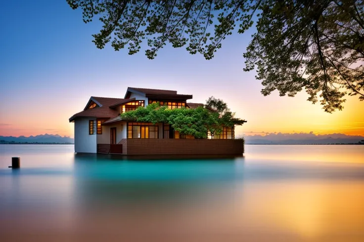 Resort house with lake with lotus flowers, cherry blossom, house in the forest canopy, realistic colors, realistic tree, light in the early morning 