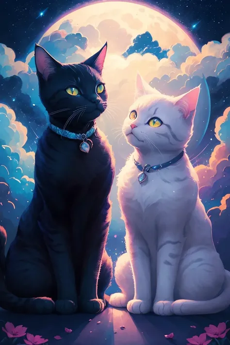 two cats in the moonlight with stars and clouds, poster art by Kubisi art, trending on cgsociety, furry art, jen bartel, 🌺 cgsociety, night starry sky full of cats, beeple and jeremiah ketner, cats cat dreamcats, very very beautiful furry art, cat cat drea...