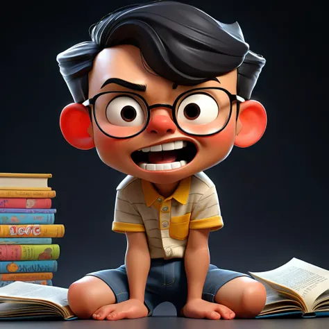 Cartoonish caricature full body with a big head An 20yo Indonesian man short black hair with some gray,a square face with defined jawline, wearing black thick-rimmed glasses, medium-sized eyes with thick eyebrows, medium-sized nose, slightly open mouth.Lay...