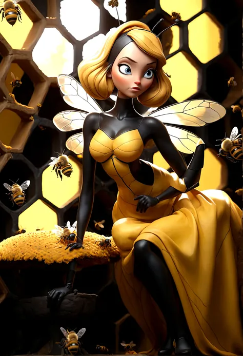 the queen of the bees (lovely woman, regal bee themed dress, ornate honeycomb throne) set within a massive fantasy beehive, she is attended to by many (bee|woman) drones (bee themed body paint)
