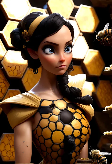 the queen of the bees (lovely woman, regal bee themed dress, ornate honeycomb throne) set within a massive fantasy beehive, she is attended to by many (bee|woman) drones (bee themed body paint)
