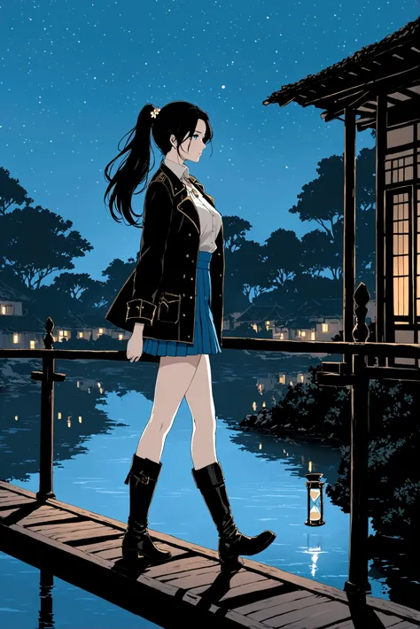 A beautiful woman, 18 years old, in an old colonial style house, in a village, night, walking, crossing a bridge over a cabal, silhouette reflecting in the water, in profile, focus on the right profile, indifferent, expressionless, hair waving in the wind,...