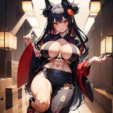 (Fox Girl, Fox Ears, Black colored hair, Fox Makeup, One Girl, Long Hair:1.2), (kimono, Kimono with open chest, A beautiful kimono with red and black patterns, I can see her cleavage, Open chest, Exposed skin:1.8), (Body size is 100-70-90!, Nice body, Big ...