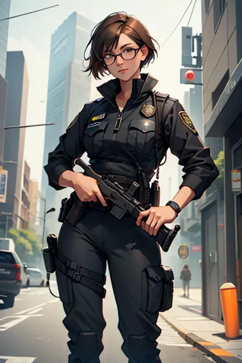 
woman, short brown hair, gray spy outfit, glasses, female police officer