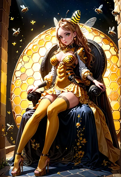 the queen of the bees (lovely woman, regal bee themed dress, ornate honeycomb throne) set within a massive fantasy beehive, she is attended to by many (bee|woman) drones (bee themed body paint)
