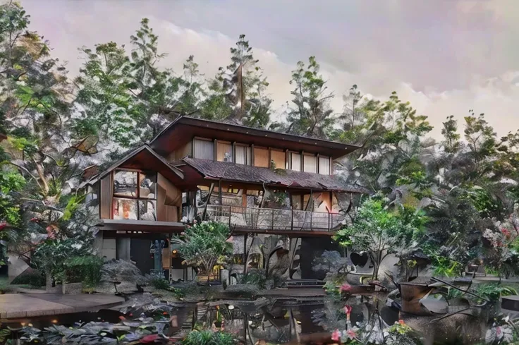 Keep the context intact, Replace the green tree with a pine tree , cherry blossom , lotus on the water surface, house with authentic materials , high definition