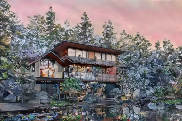 Keep the context intact, Replace the green tree with a pine tree , cherry blossom , lotus on the water surface, house with authentic materials , high definition