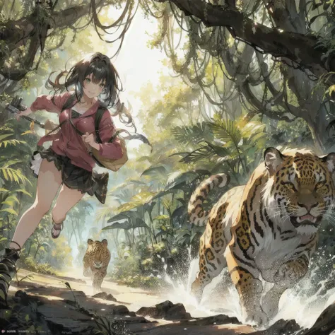 Anime girl running through the jungle with a fanged leopard, Crazy Smile,Anime fantasy illustration, 2. 5 d cgi Anime fantasy artwork, Anime fantasy artwork, Anime Style 4k, 4K Manga Wallpapers, Fantasy art style, Beautiful anime art, Anime illustration, F...