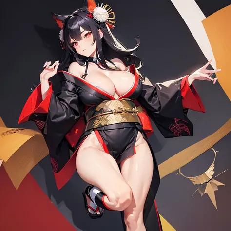 (Fox Girl, Fox Ears, Black colored hair, Fox Makeup, One Girl, Long Hair:1.2), (kimono, Kimono with open chest, A beautiful kimono with red and black patterns, I can see her cleavage, Open chest, Exposed skin:1.8), (Body size is 100-70-90!, Nice body, Big ...