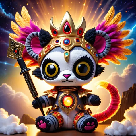 (knitted toy voodoo doll:2.0), (Voodoo Lemur:1.7), (Clothing: radiant armor with celestial symbols, glowing wings:1.0), (Accessories: flaming sword, divine shield, halo crown:1.2), (background: heavenly realm with golden clouds, celestial gates, and beams ...