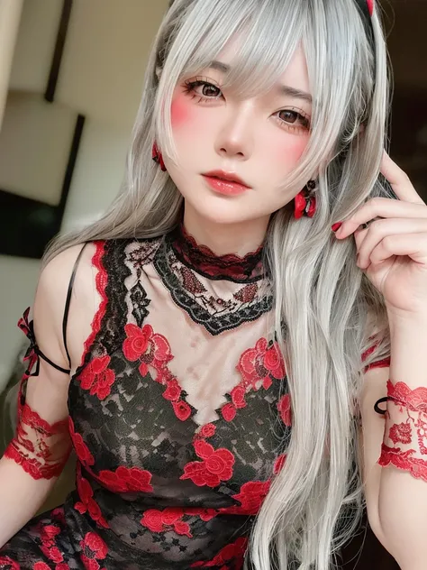 8K, RAW Photos, Fujifilm, Beautiful 20 year old woman style photo, (((Gray Hair:1.3,美しいGray Hairのストレートヘアー、シルキーなGray Hair)))、 Red rose on neck, (((Wearing a red and black lace dress:1.5))), Gold earrings, Powerful features like spinning doves, (Highly detai...