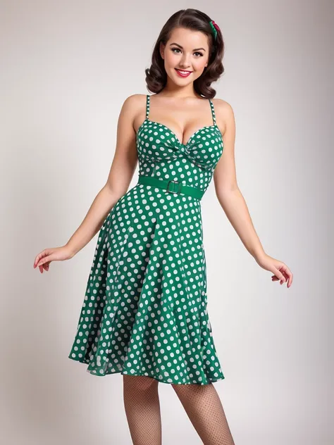 35mm photography front centered composition girl stands half-turned smiling playfully posing sexy pin up dressed in a green polka dot dress in pinup style white background beautiful eyes, perfect skin, detailed skin, big, beautiful fingers and nails , (4K,...