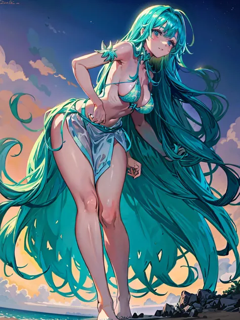 Siren, a 72 meter marine giant, emerges from the ocean at dusk, Her emerald green skin shining under the moonlight. Her long blue hair falls in wet curls over her shoulders.. Naked and magnificent, standing on a deserted beach, her posture is elegant and p...