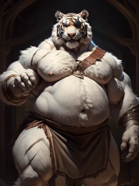 (wearing loincloth:1.6), smirk,( left eye patch:1.2), musk clouds:1.4, chunky pink nipples:1.4, big claws

Anthro, male, feline, tiger:1.2, (white fur:1.6), chubby:1.2, big body, wide body , thick furry neck and chest fluff, (middle-age), (musclegut:1.4, t...