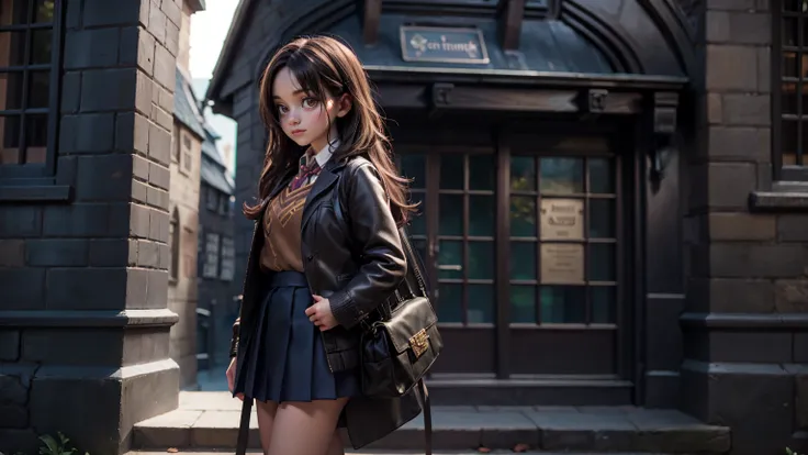 a girl standing pose front of harry potter school, harry potter school,