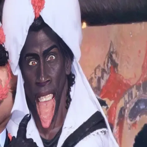 there are two men dressed up as black men with their mouths open, black face, man is with black skin, face of mad pulcinella, brown skin man egyptian prince, brown skin man with a giant grin, dark-skinned, nicholas cage as monkey d luffy, cursed image, ooz...