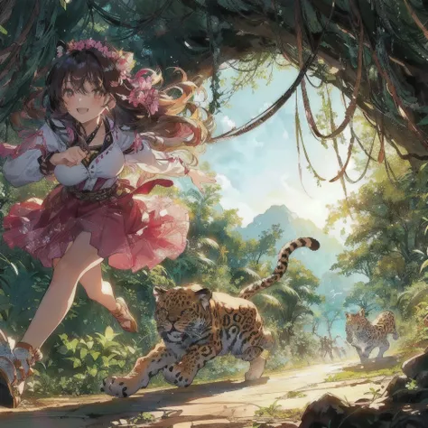 Anime girl running through the jungle with a fanged leopard, Crazy Smile,Anime fantasy illustration, 2. 5 d cgi Anime fantasy artwork, Anime fantasy artwork, Anime Style 4k, 4K Manga Wallpapers, Fantasy art style, Beautiful anime art, Anime illustration, F...