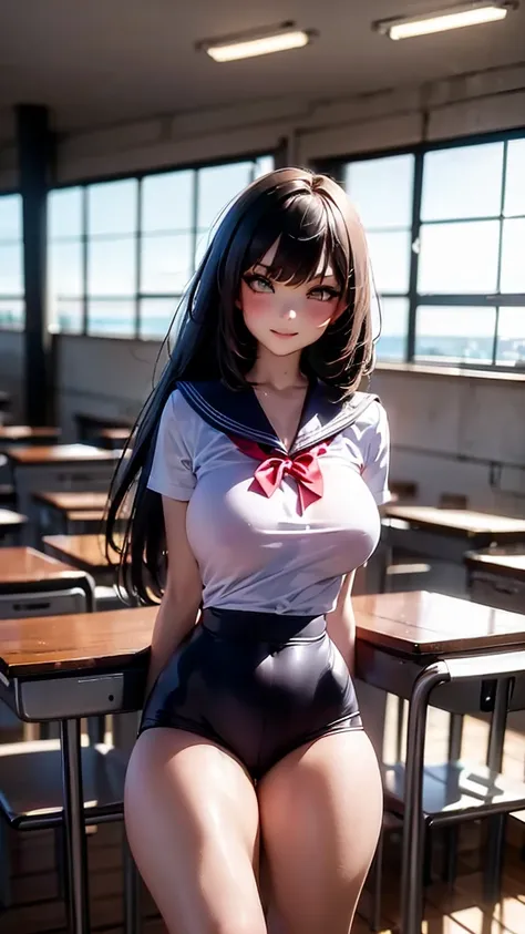 relaxed girl in a school classroom,long purple hair,sailor uniform,serious expression,cold atmosphere,best quality,masterpiece,unparalleled masterpiece,surrealistic 8k,perfect artwork,super detailed,best quality,4k masterpiece wallpaper aesthetics,award-wi...