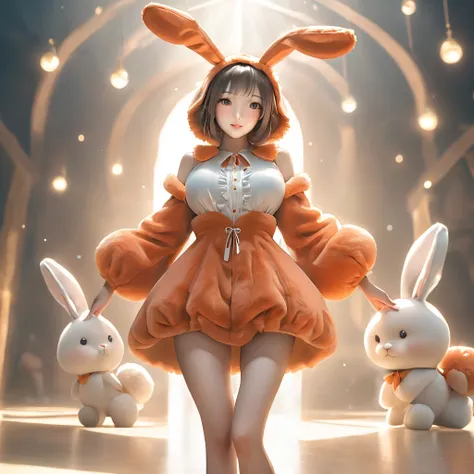 a woman wearing a furry bunny costume，wearing big bunny ears, full-body shot, wide angle, lovely又充满童真表情, professional portraits,...