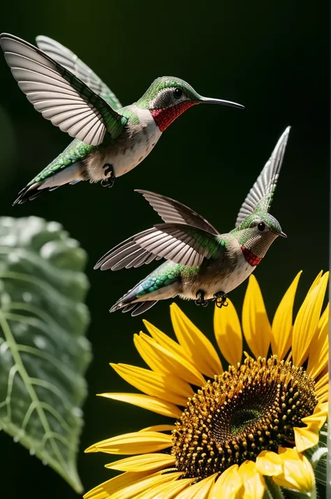 A robot hummingbird drinking nectar from a sunflower, fractal gecko, glass water drops, transparent skin, close up, hyper detailed, trend on Artstation, sharp focus, studio photo, intricate details, Very detailed, leek greg rutkowskiobra maestra, Best Qual...