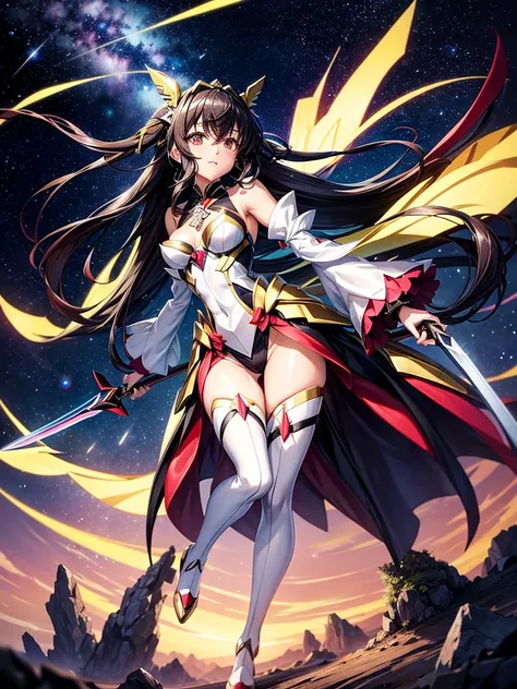 Highest quality,Highest Resolution,A beautiful girl in a metallic high-leg outfit, like Tsukuyomi Shirabe from Symphogear,Earth Behind,universe,Milky Way,Black Hair,Sword１I have it in my hand,