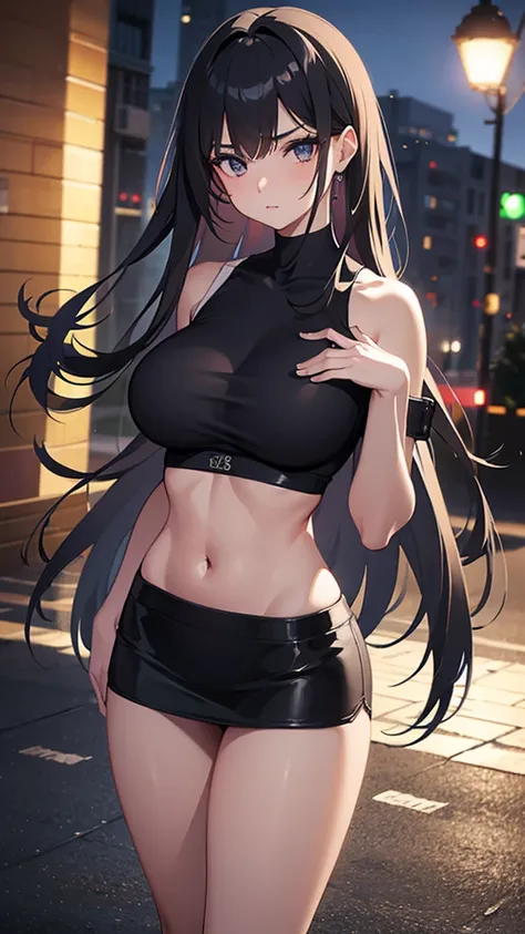 (18 year old woman,serious expression,long hair,beautiful body,enormous breasts,soft thighs,university clothing,black skirt,tight top highlighting enormous breasts,sexy hips),(best quality,8k,masterpiece:1.2),ultra-detailed,realistic,photorealistic,photo-r...