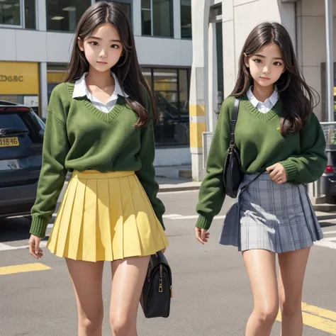 15 year old girl,Perfect face,school style,Yellow skirt,verde sweater,