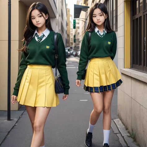 15 year old girl,Perfect face,school style,Yellow skirt,verde sweater,