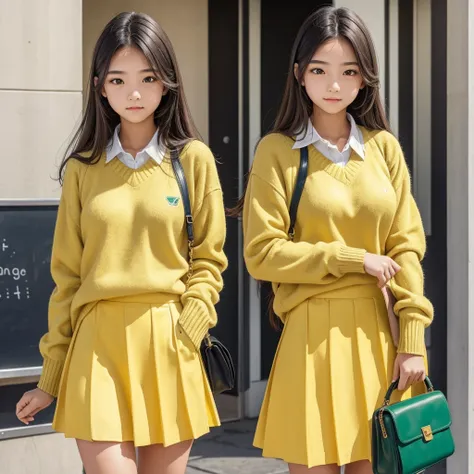 15 year old girl,Perfect face,school style,Yellow skirt,verde sweater,