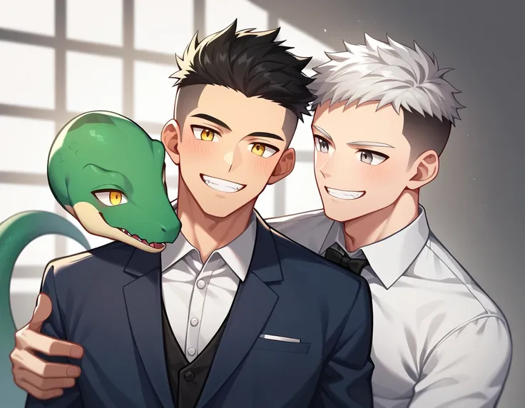 2 young men, focus man , Yaoi, pair, portable princess, bear, look elsewhere, smile, lizard demon, short hair, white hair, yellow eyes, businessman, black hair, Undercut style, gray eyes , The best aesthetics , best quality, Amazing quality, The best aesth...