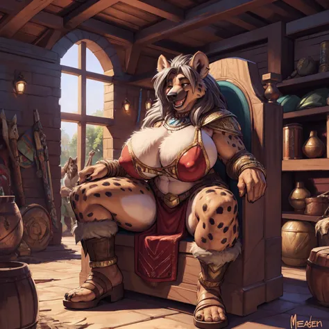 uploaded to e621.net, masterpiece, 8k, hyena woman, gray hair, matriarch, barbarian outfit, brown leather outfit, beige fur, spots, wooden throne, seated, huge breasts, large areolae, nipple outline, laughing, primitive keep, wooden room, treasures, (crowd...