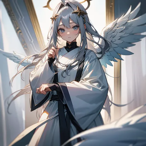 Gray Hair　Lots of decorations in the hair、God Aura、
Angel Halo、wing、from the front、High Definition Head to Shoulders