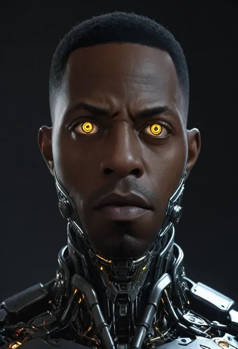 cinematic closeup front facing portrait of shawt a black man as a cyborg from dc comics, highly detailed cybernetic face, glowin...