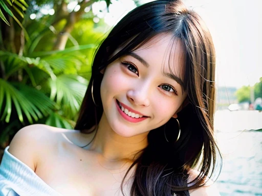 Highest quality、Ultra-high resolution、(Photorealistic:1.4)、1 girl、off-the-shoulder white shirt、(Big Breasts:1.2)、Beautiful smile、A happy smile、Cute Smile