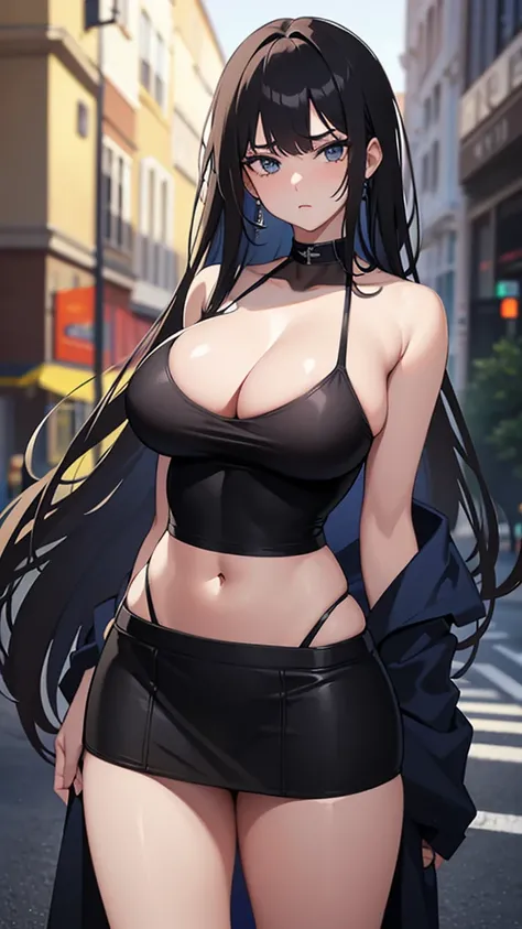 (18 year old woman,serious expression,long hair,beautiful body,enormous breasts,soft thighs,university clothing,black skirt,tight top highlighting enormous breasts,sexy hips),(best quality,8k,masterpiece:1.2),ultra-detailed,realistic,photorealistic,photo-r...