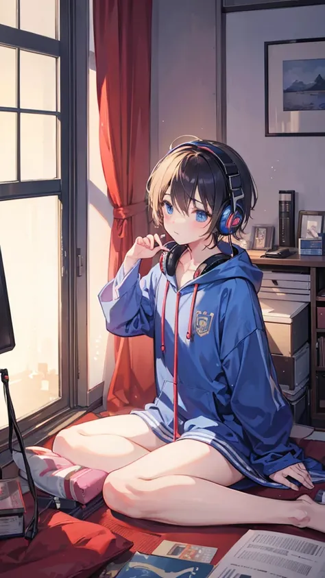 A boy studying in his room while listening to music with headphones。Warm lighting。Outside the room is Tokyo at night。Japanese anime style。