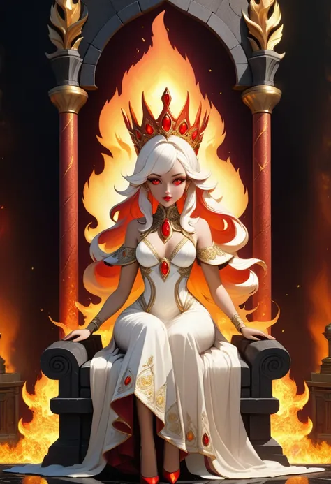 icture of a fire queen sitting on her fiery throne, a (fire queen: 1.2) wearing white dress, royal dress, glamorous dress, dynamic hair, bold intense eyes, extremely exquisite beautiful queen, perfect body, (anatomically correct: 1.3), ultra feminine, ultr...