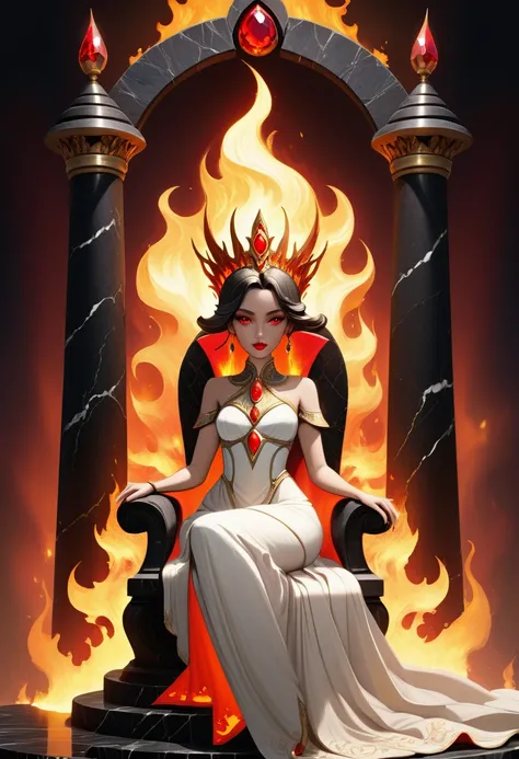 icture of a fire queen sitting on her fiery throne, a (fire queen: 1.2) wearing white dress, royal dress, glamorous dress, dynamic hair, bold intense eyes, extremely exquisite beautiful queen, perfect body, (anatomically correct: 1.3), ultra feminine, ultr...