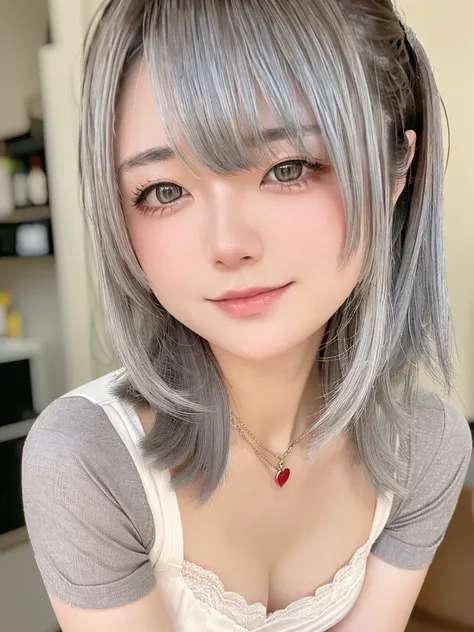 8K, RAW Photos, Fujifilm, Beautiful 20 year old woman style photo, (((Gray Hair:1.3,美しいGray Hairのストレートヘアー、キーなGray Hair)))、 Red rose on neck, Wearing a white lace bra:1.5, High leg、Small breasts、, (Highly detailed skin: 1.2), Light medium brown hair, Film G...