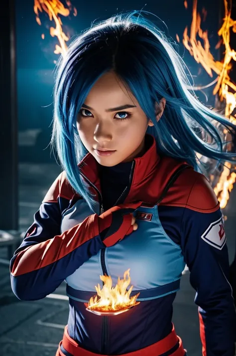 boku no hero academia wallpaper.
Girl with straight ash blue hair and phosphorescent red eyes with flames in the background and the UA training uniform