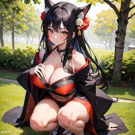 (Fox Girl, Fox Ears, Black colored hair, Fox Makeup, One Girl, Long Hair:1.2), (kimono, Kimono with open chest, A beautiful kimono with red and black patterns, I can see her cleavage, Open chest, Exposed skin:1.8), (Body size is 100-70-90!, Nice body, Big ...