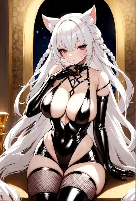 Voluptuous female, long white hair with braided strands, white cat ears, seductive pose, tight fitting and revealing black latex outfit, fishnet stockings, thigh high boots, 